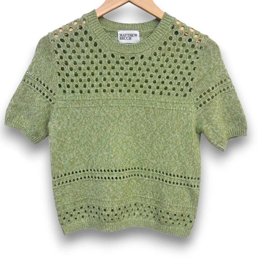 Matthew Bruch Womens XS Top Green Marled Wool Cotton Pointelle Knit Short Sleeve
